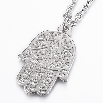 304 Stainless Steel Pendant Necklaces, with Lobster Claw Clasps, Faceted, Hamsa Hand/Hand of Fatima/Hand of Miriam, Stainless Steel Color, 17.32 inch(44cm), 3.5mm