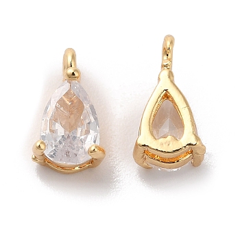 Brass with Clear Glass Pendants, Teardrop Charms, Real 18K Gold Plated, 8.5x5x4mm, Hole: 1.2mm