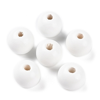 Spray Painted Natural Wood Beads, Round, White, 15~16x14.5~15mm, Hole: 3.3~4mm