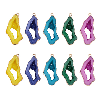 SUPERFINDINGS 5 Colors Druzy Resin Pendants, Imitation Geode Druzy Agate Slices, with Edge Light Gold Plated Iron Loops, Nuggets, Mixed Color, 40.5~41.5x19.5x5.5mm, Hole: 1.6mm, 2pcs/color, 10pcs/box