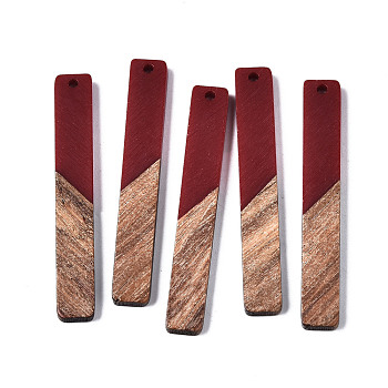 Resin & Walnut Wood Big Pendants, Two Tone, Rectangle, Dark Red, 51.5x7.5x3mm, Hole: 1.8mm