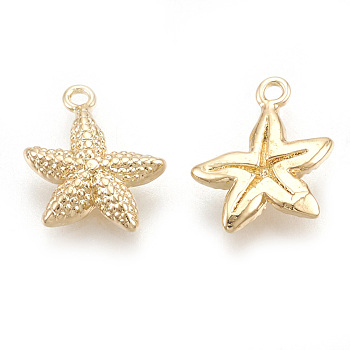 Brass Charms, Real 18K Gold Plated, Starfish/Sea Stars, 12x9x2.5mm, Hole: 1mm
