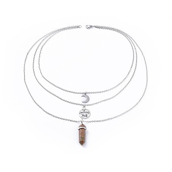 Bullet Natural Unakite Pendant Tiered Necklaces, with Tibetan Style Alloy Findings and 304 Stainless Steel Findings, Packing Box, 16.4 inch(41.8cm), 2mm
