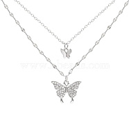 Double Layer Butterfly Alloy Cubic Zirconia Pendant Necklaces for Women, Stylish and Versatile for Daily Wear, Clear(FR3310)