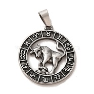 304 Stainless Steel Pendants, Flat Round with Twelve Constellations Charms, Antique Silver, Gemini, 28x25x2mm, Hole: 7x5mm(STAS-C084-01D-AS)