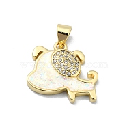 Brass Micro Pave Clear Cubic Zirconia Pendants, with Sythetic Opal, Dog, Real 18K Gold Plated, 17x17.5x3.5mm, Hole: 3.5x3mm(KK-A221-25B-G)