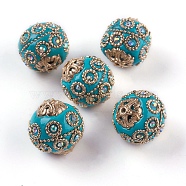 Handmade Indonesia Beads, with Metal Findings, Light Gold Color Plated, Round, Dark Turquoise, 20~21x19~20mm, Hole: 1.5mm(IPDL-P003-17F)