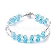 Glass & Brass Curved Tube Beaded Bracelet with Alloy Magnetic Clasp, Deep Sky Blue, 7-3/4 inch(19.6cm)(BJEW-JB09853)