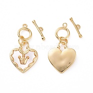 Brass with Shell Toggle Clasps, Heart with Crown Pattern, Real 18K Gold Plated, Bar: 12.5x3.5x1.5mm, Hole: 1.2mm, Heart: 27.5x14.5x2.5mm, hole: 1.4mm(KK-E068-VC165)