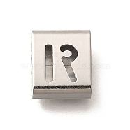 Letter Style 304 Stainless Steel Square Slide Charms, Letter R, 9x8x4mm, Hole: 3.5x8.5mm(STAS-L132-07R)