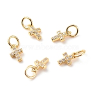 Brass Micro Pave Clear Cubic Zirconia Pendants, Cadmium Free & Lead Free, Cross, Real 18K Gold Plated, 8x5x1.5mm, Hole: 3.5mm(ZIRC-P094-18G-RS)