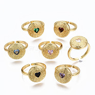 Brass Micro Pave Cubic Zirconia Cuff Rings, Open Rings, Flat Round with Heart, Cadmium Free & Nickel Free & Lead Free, Golden, Mixed Color, US Size 6 3/4(17.1mm)(RJEW-S045-071-NR)