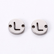 201 Stainless Steel Links, Laser Cut, Flat Round with Letter, Letter.L, 6x6x1mm, Hole: 0.8mm(STAS-R112-01L)
