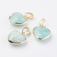 Natural Amazonite Pendants, with Brass Findings, Faceted, Heart, Golden, 14~15x12~12.5x4.5~5.5mm, Hole: 4x6mm(G-G737-14C-G)