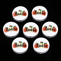 Halloween Printed Natural Wood Beads, Flat Round with Pumpkin & Word Thankful, White, 19~20x5.9mm, Hole: 2~2.2mm(WOOD-T021-86)