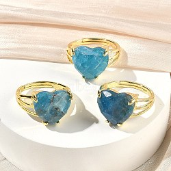 Brass Cuff Open Rings, with Natural Apatite, Heart, Faceted, Rack Plating, Long-Lasting Plated, Golden, US Size 8 1/2(18.5mm)(RJEW-D347-01G-12)