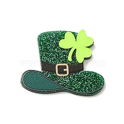 St.Patrick's Day Acrylic Pendants, with Sequins, Hat with Shamrock, Green, 28x35x4mm, Hole: 1.6mm(OACR-H024-10)