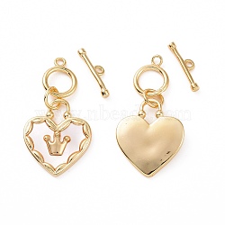 Brass with Shell Toggle Clasps, Heart with Crown Pattern, Real 18K Gold Plated, Bar: 12.5x3.5x1.5mm, Hole: 1.2mm, Heart: 27.5x14.5x2.5mm, hole: 1.4mm(KK-E068-VC165)