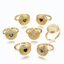 Brass Micro Pave Cubic Zirconia Cuff Rings, Solitaire Rings, Flat Round with Heart, Cadmium Free & Nickel Free & Lead Free, Golden, Mixed Color, US Size 6 3/4(17.1mm)(RJEW-S045-071-NR)