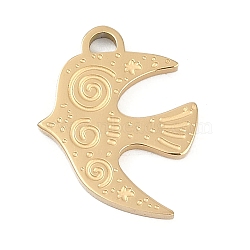 304 Stainless Steel Pendants, Bird Charm, Ion Plating(IP), Real 18K Gold Plated, 16x12.5x1.5mm, Hole: 1.6mm(STAS-I325-125G)