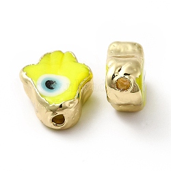 Handmade Evil Eye Lampwork Beads, with Golden Plated  Brass Edge, Long-Lasting Plated, Hamsa Hand, Yellow, 15~17x11.5~12.5x5~5.5mm, Hole: 1.8mm(LAMP-F026-03C)