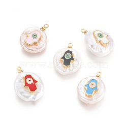 Natural Cultured Freshwater Pearl Pendants, with Enamel, Cubic Zirconia and Light Gold Plated Brass Findings, Hamsa Hand/Hand of Fatima/Hand of Miriam, Mixed Color, 20.5~22.5x16~16.5x7~8mm, Hole: 1.6mm(PEAR-E300-06KCG)