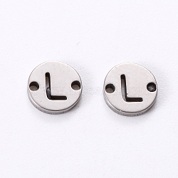 201 Stainless Steel Links, Laser Cut, Flat Round with Letter, Letter.L, 6x6x1mm, Hole: 0.8mm(STAS-R112-01L)