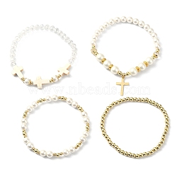 4Pcs 4 Style Shell Pearl & Glass Beaded Stretch Bracelets Set, Brass Cross Charms Stackable Bracelets for Women, Mixed Color, Inner Diameter: 2-1/8~2-1/4 inch(5.25~5.85cm), 1Pc/style(BJEW-TA00327)