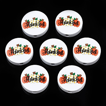 Halloween Printed Natural Wood Beads, Flat Round with Pumpkin & Word Thankful, White, 19~20x5.9mm, Hole: 2~2.2mm