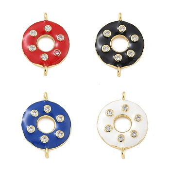 Rack Plating Brass Clear Cubic Zirconia Donut Connector Charms, with Enamel, Real 18K Gold Plated, Long-Lasting Plated, Cadmium Free & Lead Free, Mixed Color, 20.5x15.5x3.5mm, Hole: 1.4mm