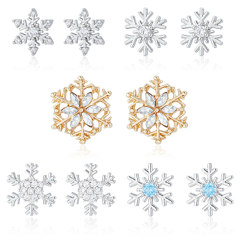ANATTASOUL 5 Pairs 5 Style Exquisite Christmas Snowflake Cubic Zirconia Stud Earrings, Alloy Jewelry for Women, Platinum & Golden, 9~15x10~16.5mm, Pin: 0.6mm, 1 Pair/style