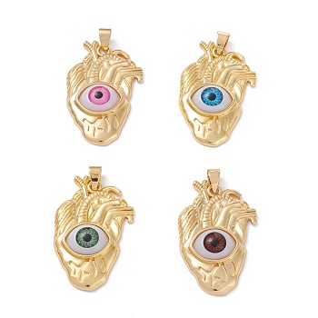 Brass Pendants, with Resin Eye Cabochons, Long-Lasting Plated, Real 18K Gold Plated, Mixed Color, 38.5x24x7mm, Hole: 5x3.5mm
