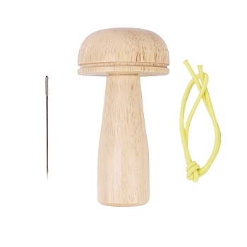 Wooden Darning Mushroom, Hole Repair Support Tools, Needle Storage, with Needle & Elastic String, Wheat, 60x110mm