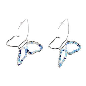 Butterfly Glass Beads Dangle Earrings for Girl Women, Brass Wire Wrapped Earrings, Platinum, Cornflower Blue, 72x78x3mm, Pin: 0.8mm