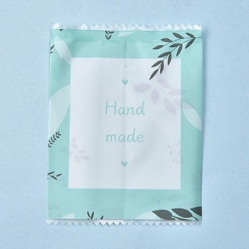Plastic Bags, with Words Handmade & Printed leaves Pattern, Bag for Packing Biscuit, Available for Bag Heat Sealer, Square, Light Green, 9.2x7x0.02cm