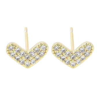 Brass Micro Pave Clear Cubic Zirconia Studs Earring for Women, Heart, Real 18K Gold Plated, 6x9mm