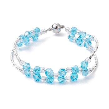 Glass & Brass Curved Tube Beaded Bracelet with Alloy Magnetic Clasp, Deep Sky Blue, 7-3/4 inch(19.6cm)