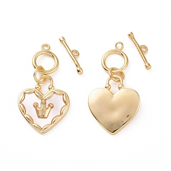 Brass with Shell Toggle Clasps, Heart with Crown Pattern, Real 18K Gold Plated, Bar: 12.5x3.5x1.5mm, Hole: 1.2mm, Heart: 27.5x14.5x2.5mm, hole: 1.4mm