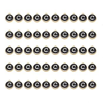 Golden Plated Alloy Charms, with Enamel, Enamelled Sequins, Flat Round, Black, Letter.C, 14x12x2mm, Hole: 1.5mm, 50pcs/Box