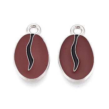 Alloy & Enamel Pendants, Coffee Bean Charms, Platinum, Coconut Brown, 19x10.5x1mm, Hole: 1.8mm