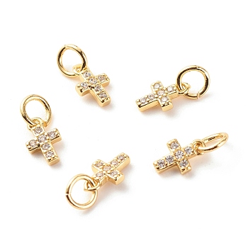 Brass Micro Pave Clear Cubic Zirconia Pendants, Cadmium Free & Lead Free, Cross, Real 18K Gold Plated, 8x5x1.5mm, Hole: 3.5mm