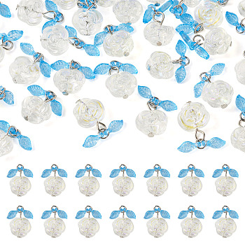 30Pcs Transparent Glass Flower Pendants with Deep Sky Blue Acrylic Leaf, with Iron Findings, Platinum, Clear, 22mm