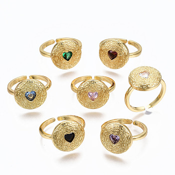 Brass Micro Pave Cubic Zirconia Cuff Rings, Open Rings, Flat Round with Heart, Cadmium Free & Nickel Free & Lead Free, Golden, Mixed Color, US Size 6 3/4(17.1mm)