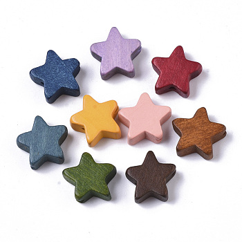Painted Natural Wood Beads, Star, Mixed Color, 14~15x14~15x5.5mm, Hole: 1.5mm