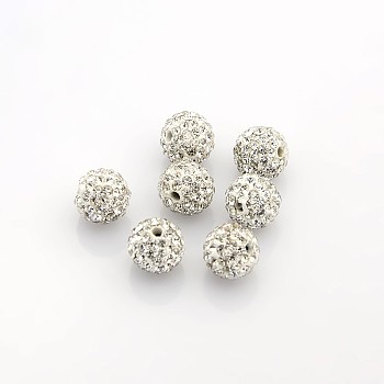 Grade A  Rhinestone Beads, Pave Disco Ball Beads, Resin and China Clay, Round, White, PP9(1.5.~1.6mm), 8mm, Hole: 1mm