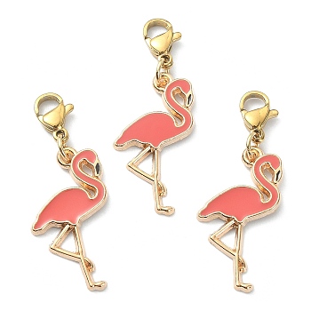 Alloy Enamel Flamingo Pendant Decotations, with 304 Stainless Steel Lobster Claw Clasps, Pale Violet Red, 37mm