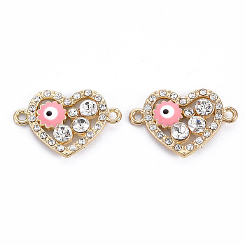 Rack Plating Alloy Enamel Links Connectors, with Crystal Rhinestone, Cadmium Free & Nickel Free & Lead Free, Heart with Eye, Light Gold, Flamingo, 16x23.5x3.5mm, Hole: 1.6mm
