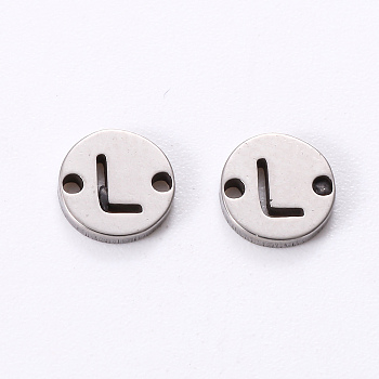 201 Stainless Steel Links, Laser Cut, Flat Round with Letter, Letter.L, 6x6x1mm, Hole: 0.8mm