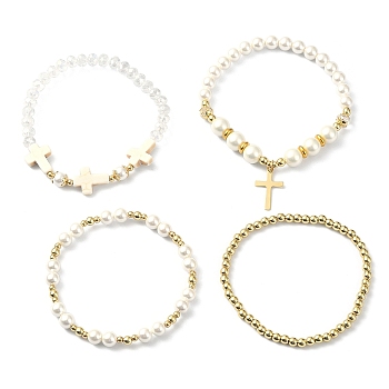 4Pcs 4 Style Shell Pearl & Glass Beaded Stretch Bracelets Set, Brass Cross Charms Stackable Bracelets for Women, Mixed Color, Inner Diameter: 2-1/8~2-1/4 inch(5.25~5.85cm), 1Pc/style
