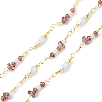 Brass Glass Bead Link Chains with ABS Imitation Pearl Beads, Unwelded, with Spool, Golden, Indian Red, 19.5~24.5x4.5~6x4~6mm